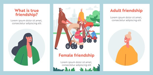 Banners de dibujos animados de amistad de mujeres. Mamás con bebés en cochecitos y cochecitos. Los personajes caminan con sus hijos pequeños. Comunidad de Madres Jóvenes, Maternidad y Maternidad. Conjunto de carteles de vector de personas