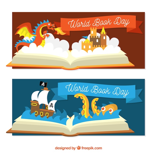 Vector banners en diseño plano feliz día internacional del libro