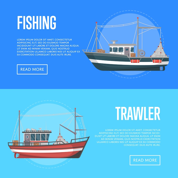 Vector banners de empresas pesqueras con arrastreros