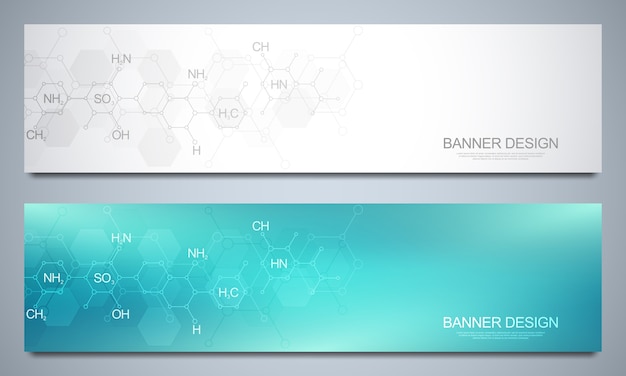 Banners y encabezados con antecedentes de química abstracta y fórmulas químicas