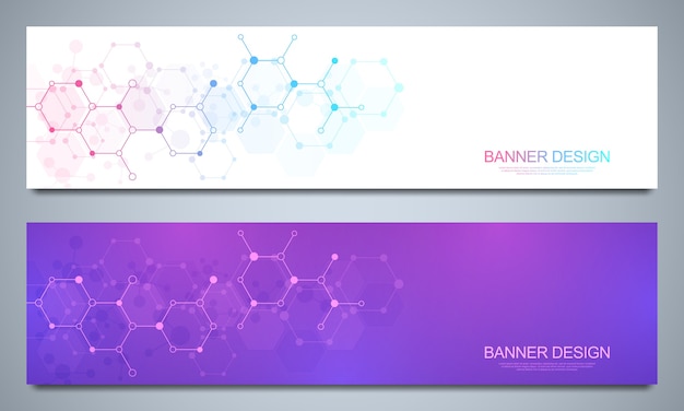 Banners y encabezados con estructuras moleculares.