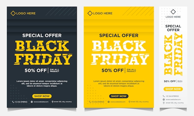 Banners de eventos de black friday, fondo y redes sociales y plantilla de volante en color degradado negro y degradado amarillo