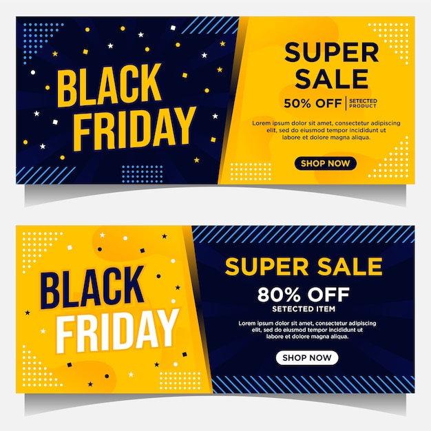 Vector banners de eventos de black friday y plantilla de fondo en color azul oscuro y amarillo con adornos de estilo degradado