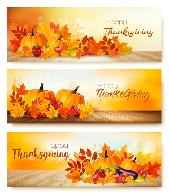 Banners de feliz día de gracias con verduras de otoño y hojas de colores. Vector.