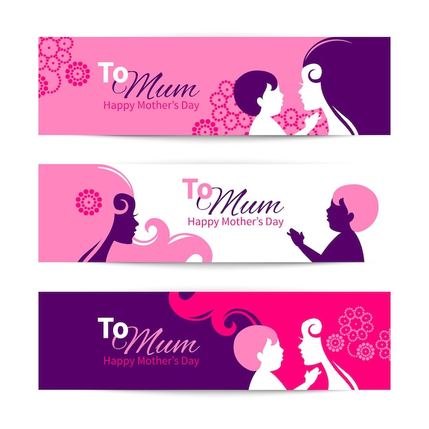 Banners para el feliz día de las madres. hermosa madre con siluetas de bebé