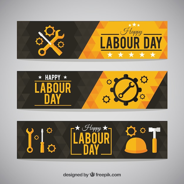 Vector banners de feliz día del trabajador con herramientas