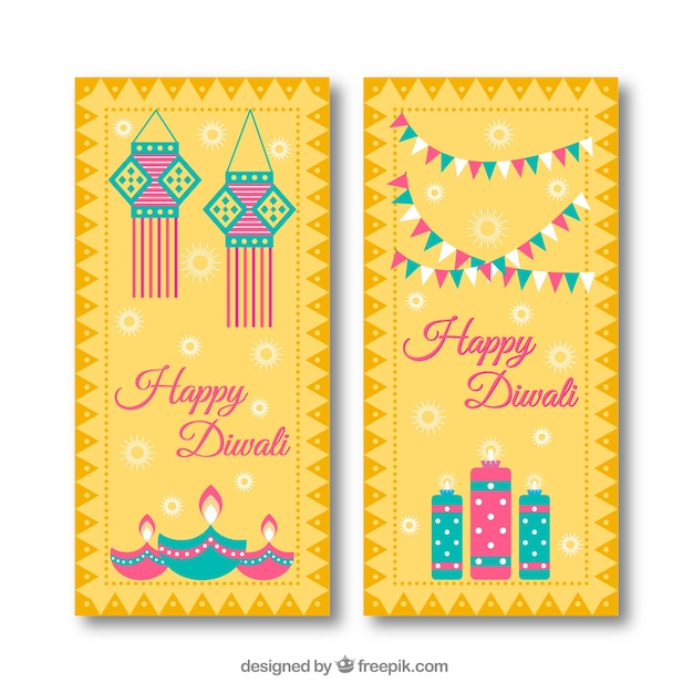 Vector banners de feliz diwali con elementos en diseño plano