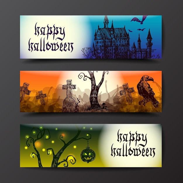 Vector banners de feliz halloween terrible paisaje nocturno con castillo, cementerio, árbol y luna