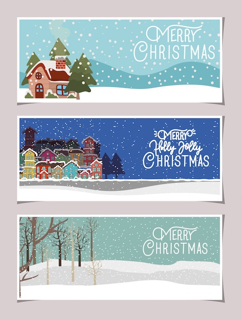 Banners de feliz navidad con escenas de paisajes nevados