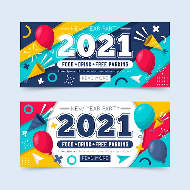 Vector banners de fiesta de año nuevo 2021 en diseño plano