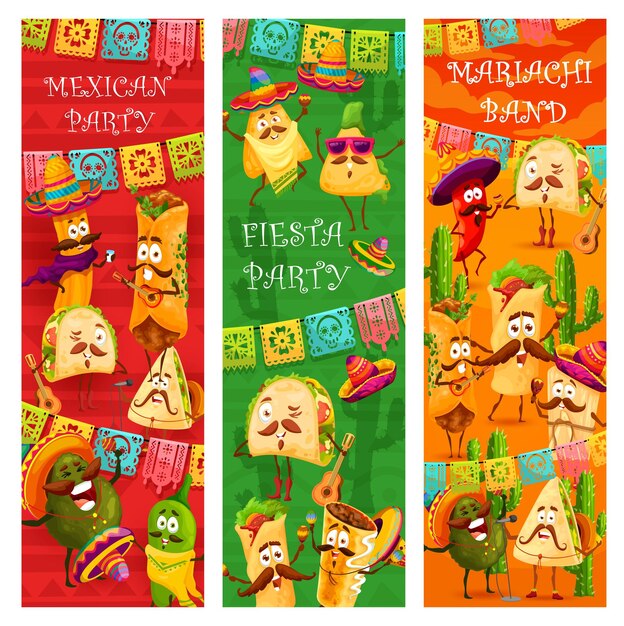 Vector banners de fiesta fiesta mexicana con personajes de comida