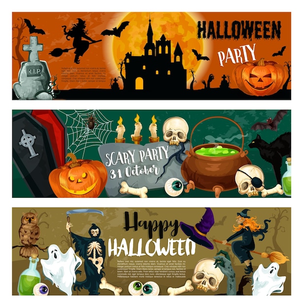 Banners de fiesta de noche de monstruo de vector de halloween