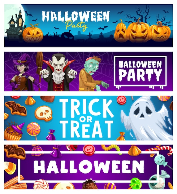 Banners de fiesta de terror de truco o trato de vacaciones de halloween. calabazas aterradoras, fantasmas, brujas, drácula vampiro y zombi, luna, murciélagos, casa embrujada y cementerio, dulces de chocolate, gelatinas, piruletas