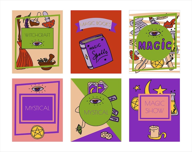 Banners de garabatos dibujados a mano mágicos iconos vectoriales de colección de artículos mágicos elementos de halloween escoba poti