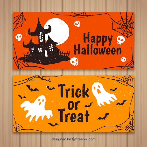 Vector banners de halloween con casa y fantasmas