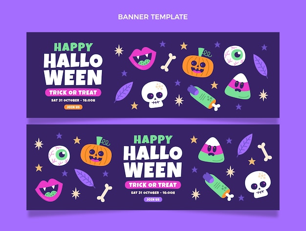 Vector banners de halloween de diseño plano dibujados a mano horizontales