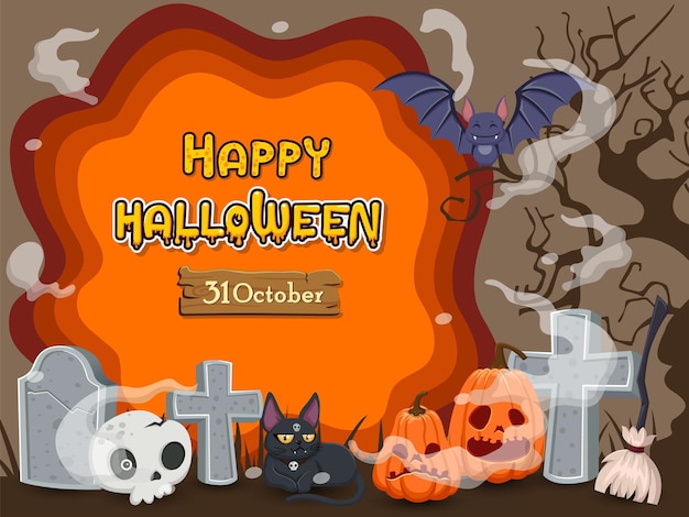 Banners de halloween con texto y personajes. elementos de halloween de dibujos animados de concepto. ilustración de imágenes prediseñadas de vector sobre fondo de color