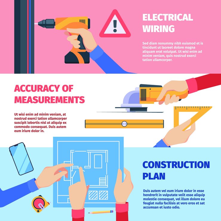 Vector banners de herramientas de reparación equipo para manos de trabajadores profesionales que sostienen diferentes herramientas plantilla de anuncios de impresión horizontal de vector llamativo equipo de trabajo e ilustración de técnico de trabajador