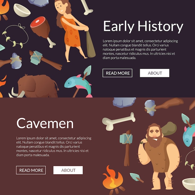 Banners de hombre de las cavernas de vector e ilustración de la edad de piedra