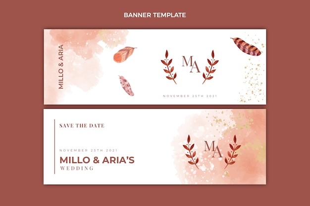 Banners horizontales de boda boho acuarela