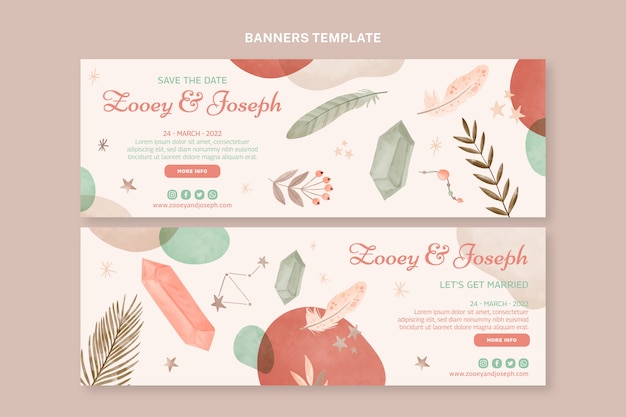 Vector banners horizontales de boda boho acuarela