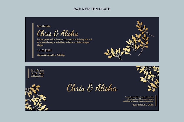 Banners horizontales de boda dorada de lujo realista