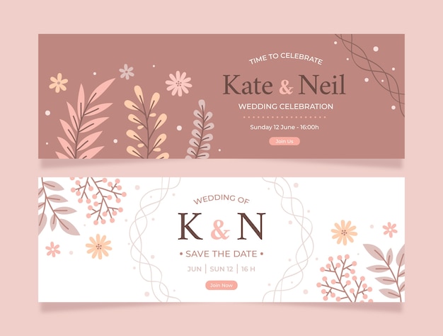 Vector banners horizontales de boda floral mínimo plano