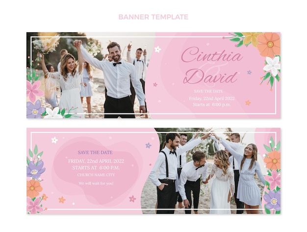 Vector banners horizontales de boda florales dibujados a mano