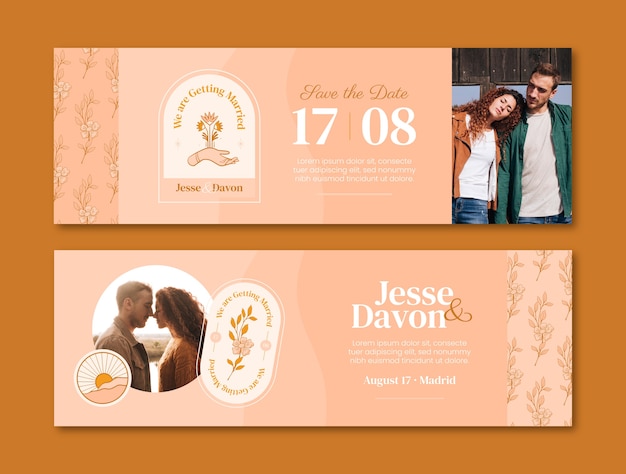 Banners horizontales de boda naranja dibujados a mano