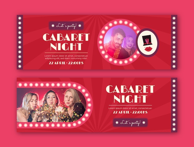 Vector banners horizontales de cabaret de diseño plano con luces