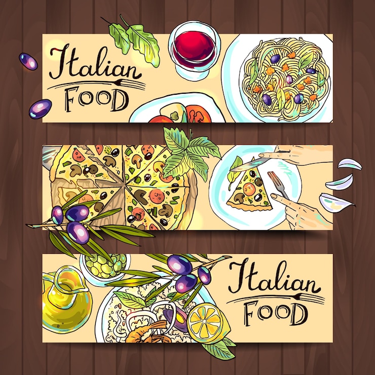 Vector banners horizontales comida italiana pizza pasta risotto en la textura de madera