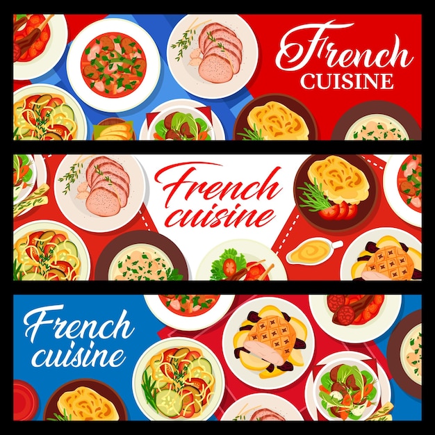Banners horizontales de comida de restaurante de cocina francesa