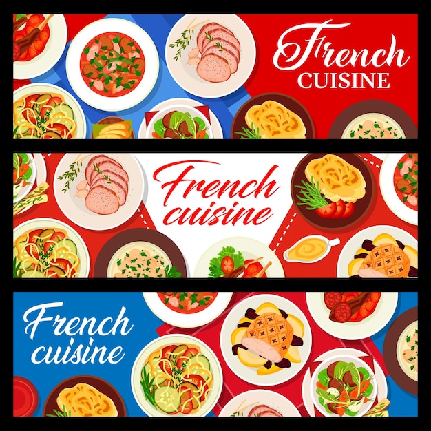 Vector banners horizontales de comida de restaurante de cocina francesa