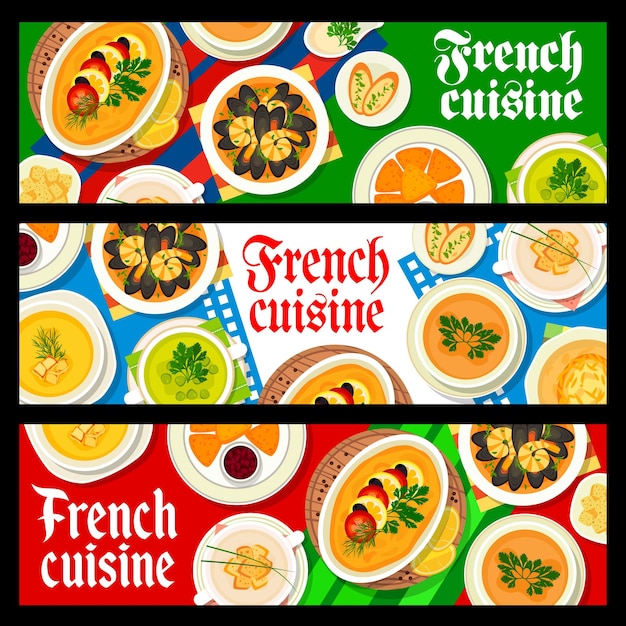 Vector banners horizontales de comida de restaurante de cocina francesa