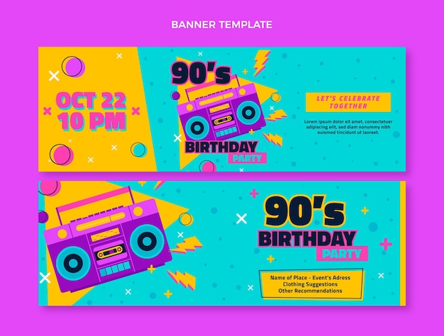 Vector banners horizontales de cumpleaños de los 90 dibujados a mano