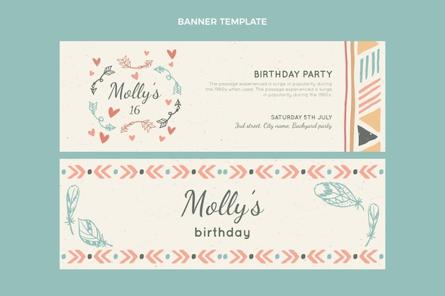 Vector banners horizontales de cumpleaños boho dibujados a mano