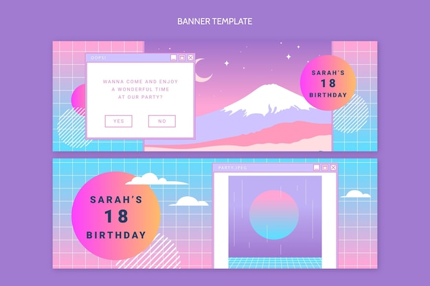 Vector banners horizontales de cumpleaños degradado vaporwave