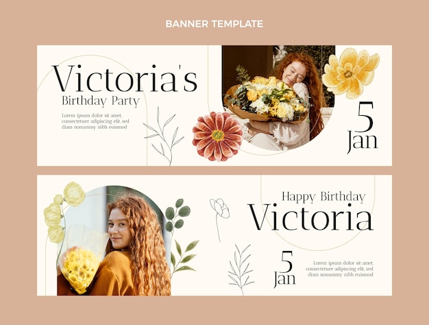 Vector banners horizontales de cumpleaños dibujados a mano en acuarela