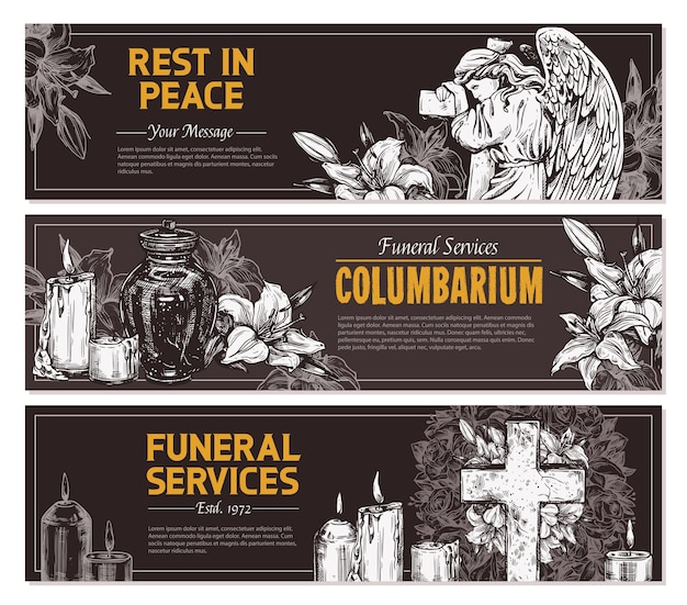 Vector banners horizontales dibujados a mano de servicio funerario con ilustración de boceto