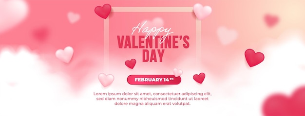 Banners horizontales de feliz día de San Valentín con hermoso adorno de amor y fondo de nubes