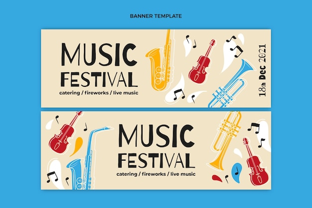 Banners horizontales de festival de música colorido dibujado a mano