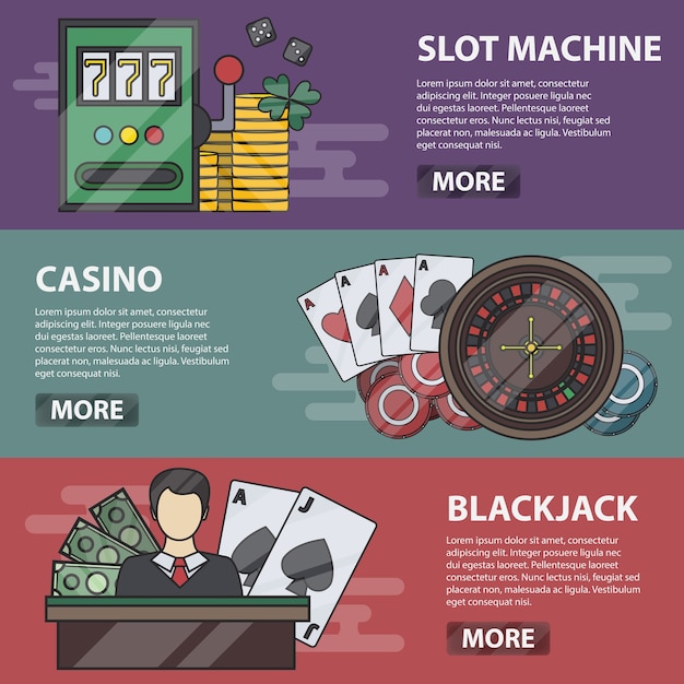 Banners horizontales de línea delgada de máquinas tragamonedas, casino y blackjack. concepto de negocio de juego de dinero, póquer, juego en línea y pasión. conjunto de elementos de casino.