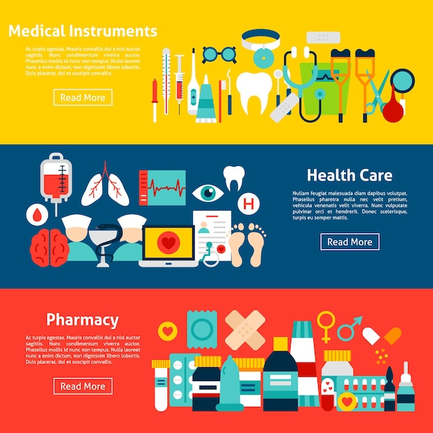 Banners horizontales de medicina. Ilustración de vector de encabezado web. Diseño plano de salud.