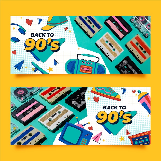Banners horizontales nostálgicos de los 90 dibujados a mano con foto