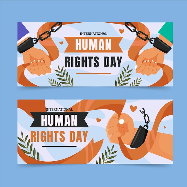 Vector banners horizontales planas del día internacional de los derechos humanos con manos esposadas en cadena