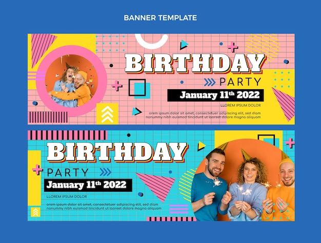 Vector banners horizontales planos de cumpleaños nostálgico de los 90