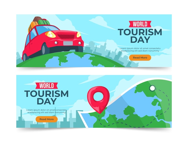 Banners horizontales planos establecidos para la celebración del día mundial del turismo