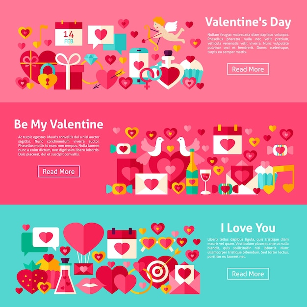 Banners horizontales web de San Valentín. Ilustración de vector de estilo plano para encabezado de sitio web. Objetos de amor.