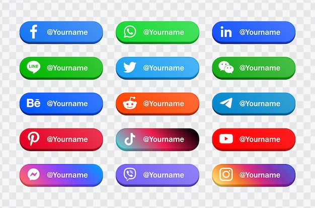 Banners de iconos de redes sociales o marcos de logotipos de plataformas de red populares en botones modernos
