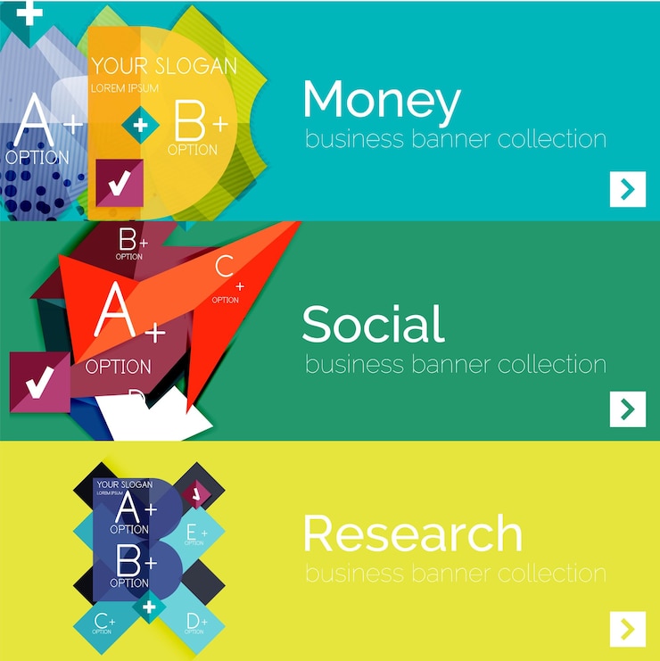 Vector banners infográficos vectoriales de diseño plano con infografías geométricas